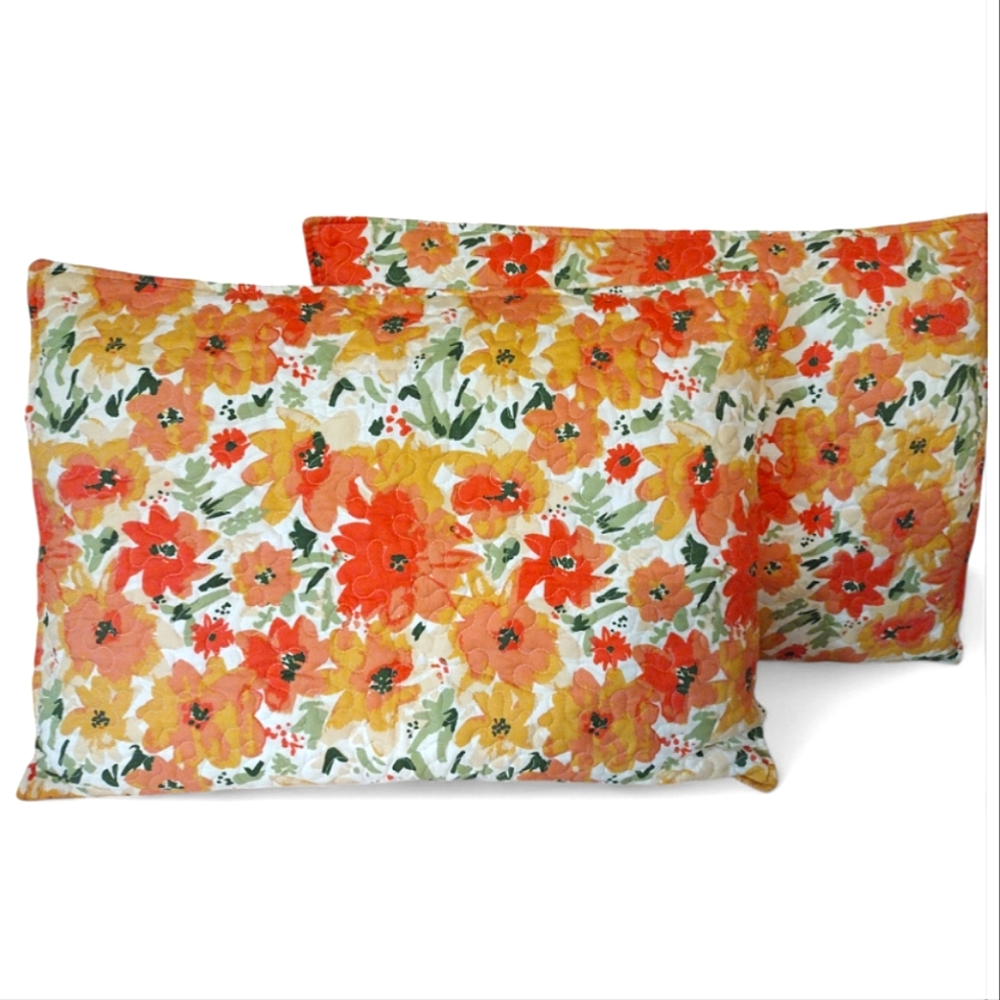 Virah Bella Set of 2 Pillowcases Coral Crush Floral Quilted Queen 25" x 19"